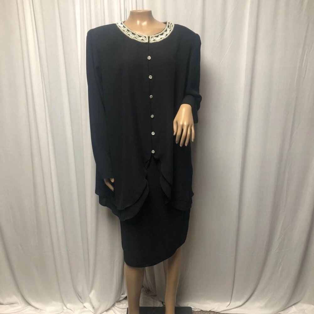 David Rose Two Piece Skirt Dress Vintage Womens Sz 18W Black Beaded Classic USA